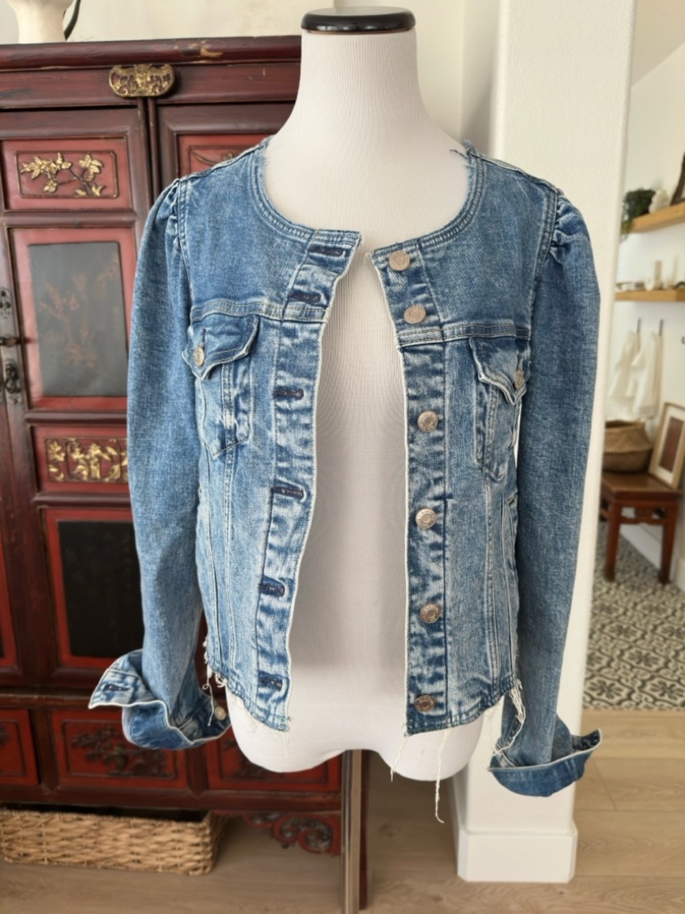 GAP Light Blue Denim Jacket with Tan Leather Patch